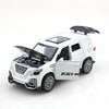 A white 1:36 scale die-cast metal SUV toy with opening doors and pull-back action.
