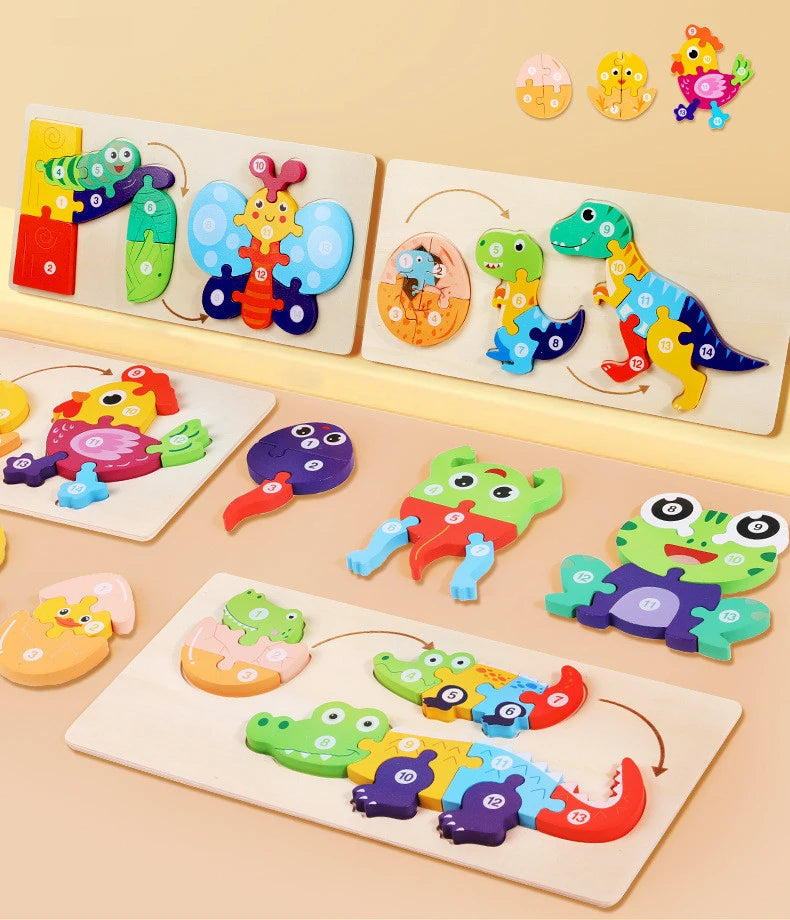 Wooden life cycle learning puzzles featuring colorful dinosaurs and eggs for toddlers