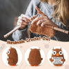 A close-up of hands crocheting a brown owl toy with yarn, next to finished examples.
