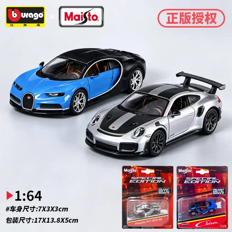 A silver diecast model of a Porsche 911 GT2 RS inspired supercar alongside a blue Bugatti model.