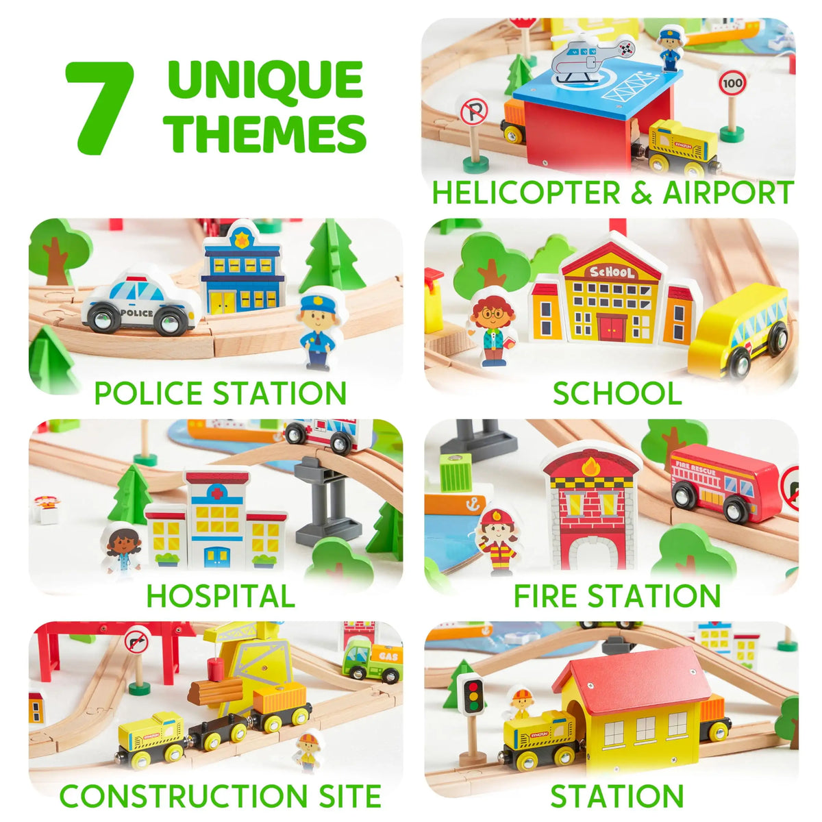 A wooden train set featuring seven unique themes including a police station, school, hospital, fire station, construction sit
