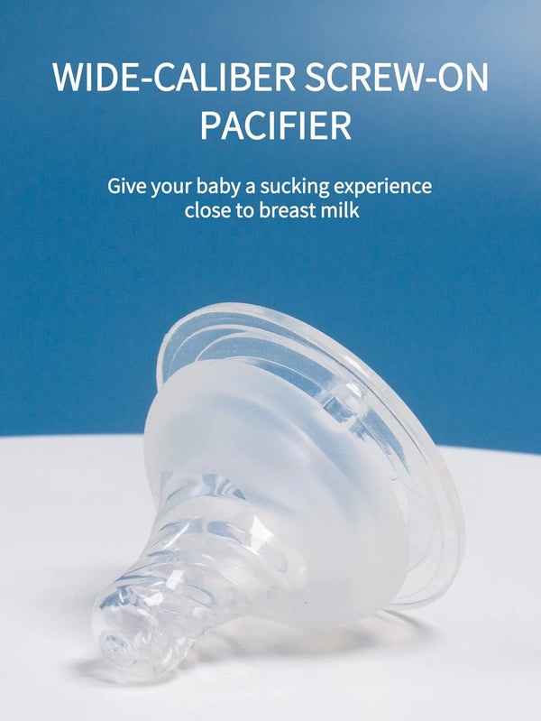 A clear silicone wide-caliber screw-on pacifier nipple is shown against a blue background.