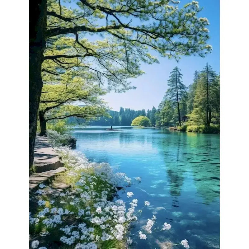 A serene outdoor scene featuring a clear blue lake surrounded by green trees and flowering plants.