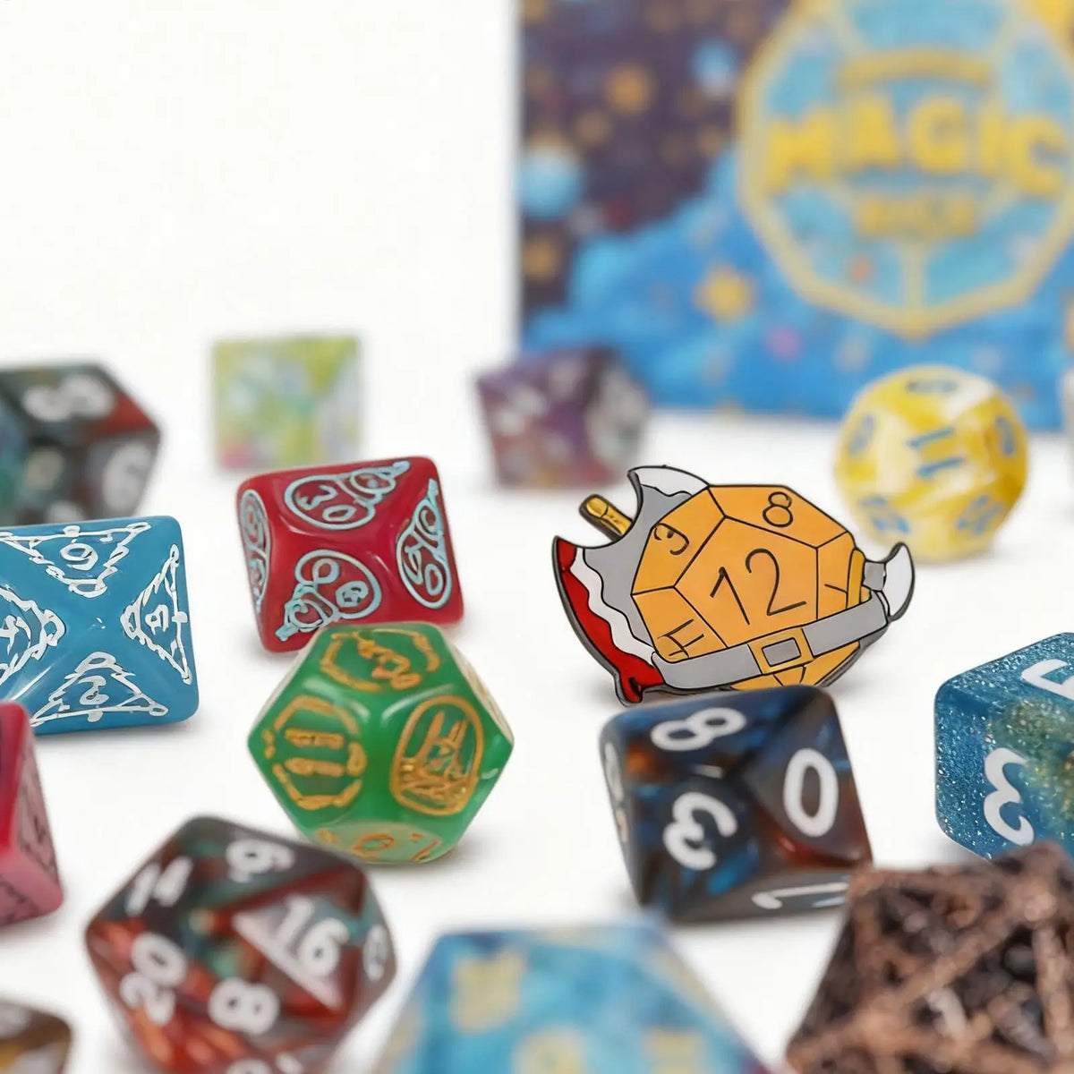 A collection of colorful dice, including festive and holiday-themed dice, scattered on a white surface.