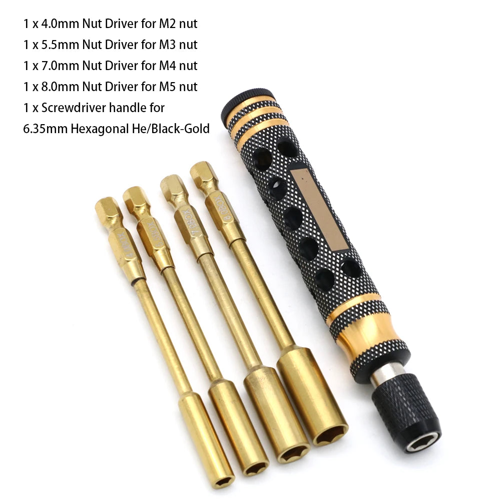 A set of precision hex screwdrivers for RC vehicles, including various sizes and a screwdriver handle.