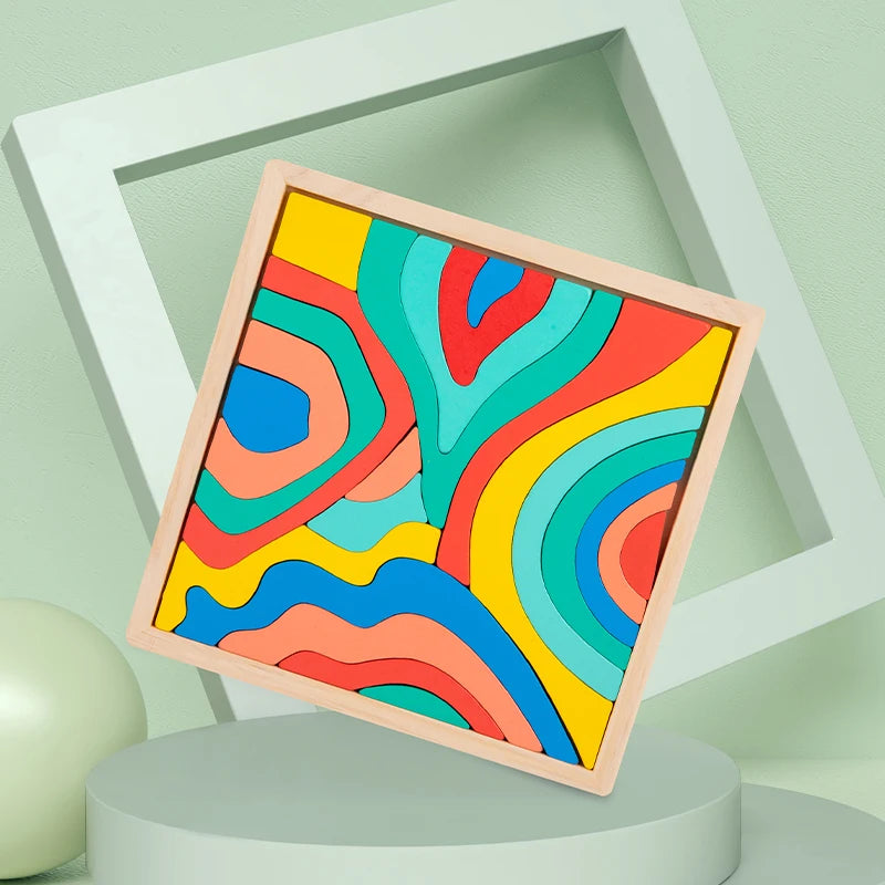 A framed piece of colorful wooden puzzle featuring rainbow-like wavy lines in various shades of blue, green, orange, and yell