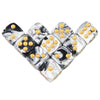 A set of ten 16mm acrylic dice with a black and white marbled pattern and gold colored dots.