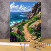A painting of a rugged coastal landscape with cliffs, green vegetation, and a winding dirt path.