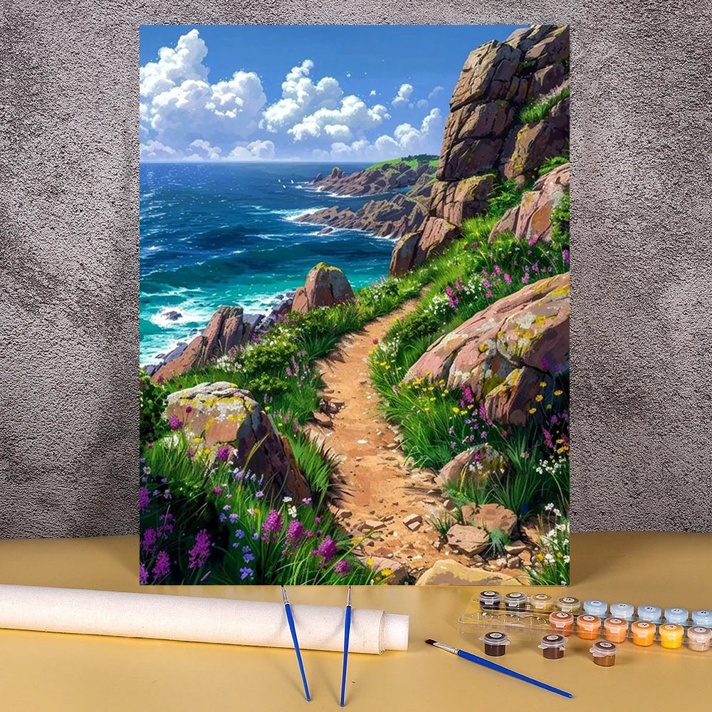 A painting of a rugged coastal landscape with cliffs, green vegetation, and a winding dirt path.