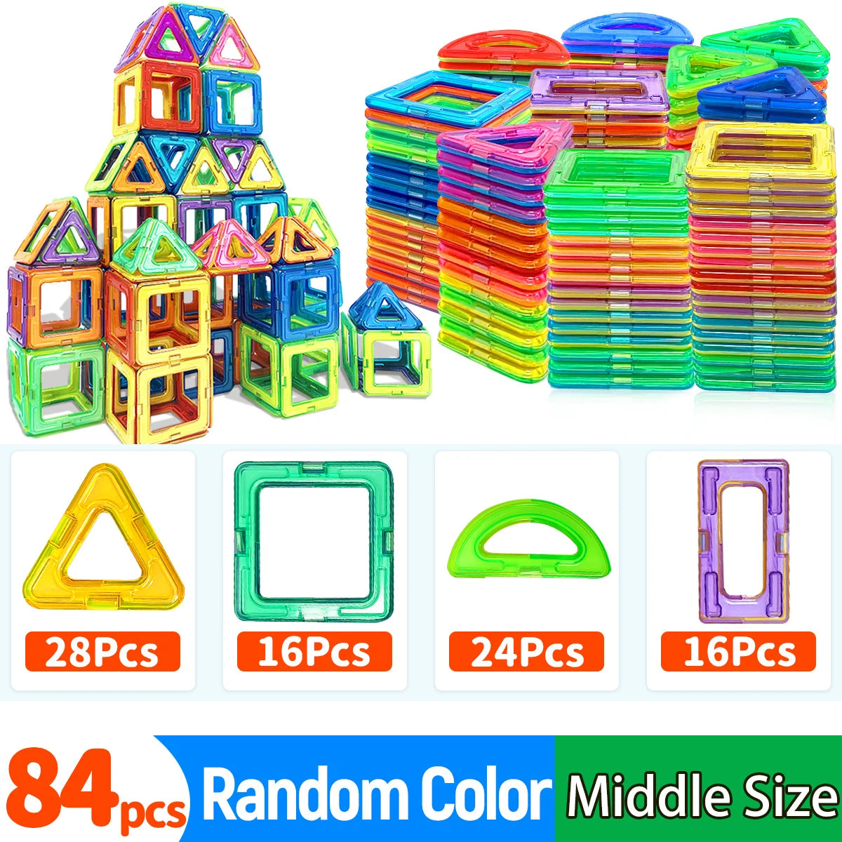 A collection of colorful magnetic building blocks and geometric shapes in various sizes and colors for STEM learning.