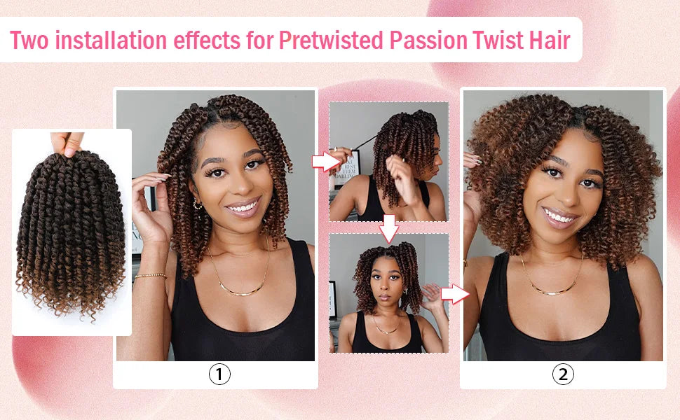 Two installation effects for pretwisted passion twist hair showing different styles and textures