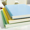 A stack of pastel blue and green spiral notebooks with yellow covers resting on a white surface.