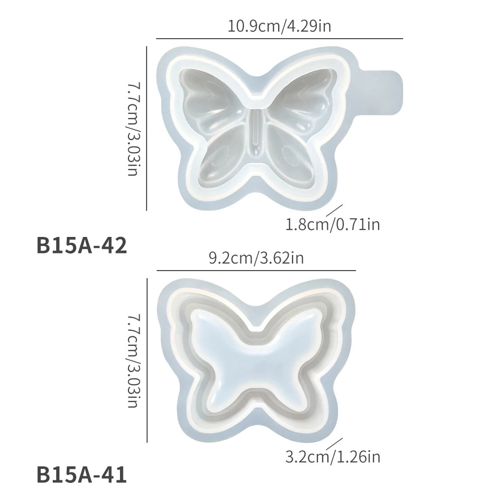 A comparison of two silicone resin molds, B15A-42 and B15A-41, showing their butterfly shapes and dimensions.