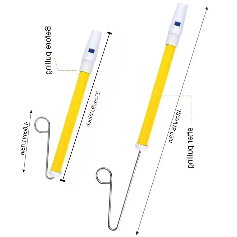A yellow slide whistle toy with a white mouthpiece and metal hook is shown.