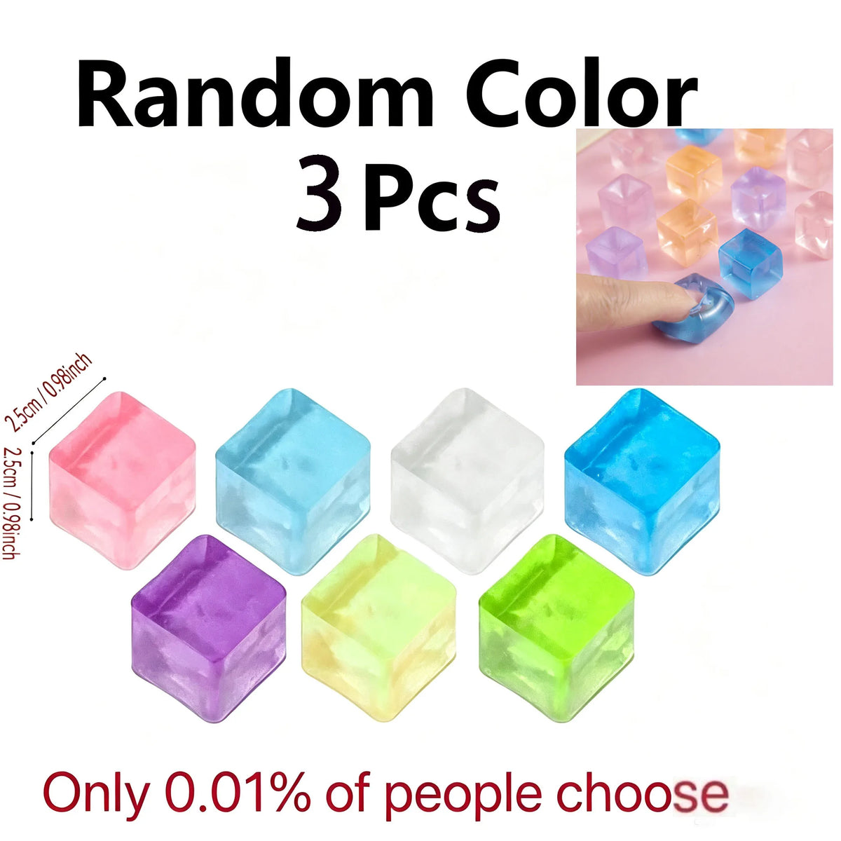Three random color plastic cubes of varying shades including pink, blue, purple, and green.