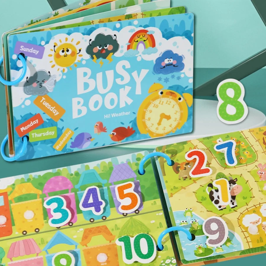 A colorful Montessori word recognition quiet book featuring pictures and interactive stickers for children.