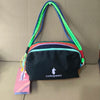 A black storage bag with multicolored straps and a white alpaca silhouette is shown on a cardboard box.
