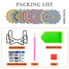 A packing list showing a diamond painting coaster kit including a coaster holder, colored diamonds, pen, and clay.