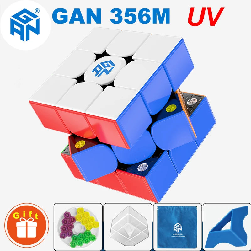 A blue and red GAN 356M magnetic speed cube puzzle with UV lighting.