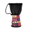 A colorful hand drum for kids with a black fabric head and a patterned wooden base.