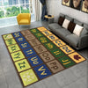 A colorful alphabet rug featuring letters and corresponding cartoon animals for a kids playroom.