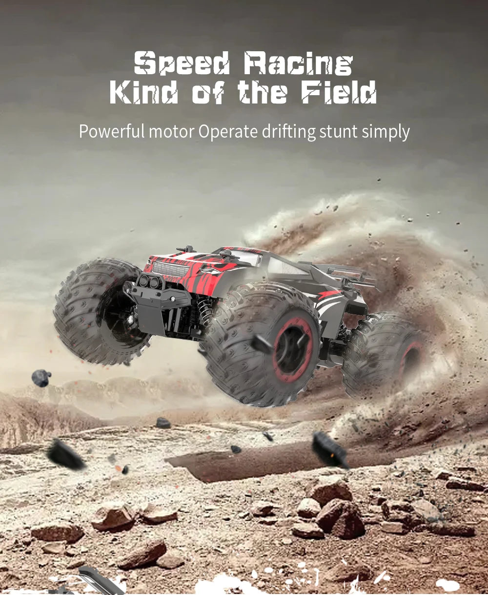 A red and black 1:18 scale 4WD off-road RC monster truck driving through dirt and dust.