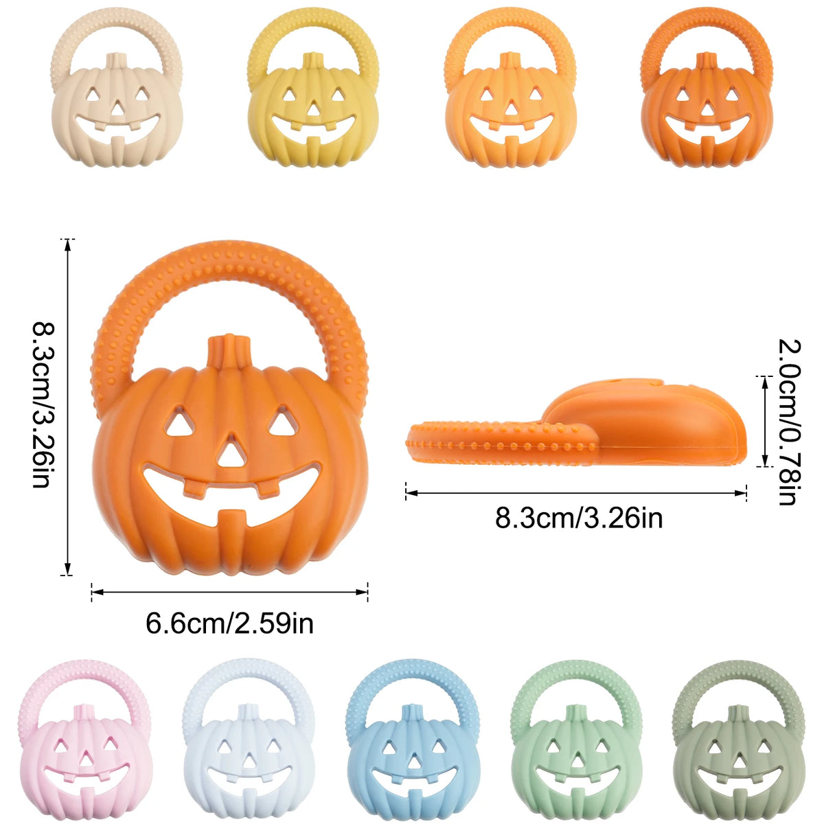 A set of silicone pumpkin baby teethers in various orange and pastel colors, showing different shapes and sizes.