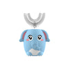 A blue elephant shaped electric toothbrush with a U-shaped head and a timer.