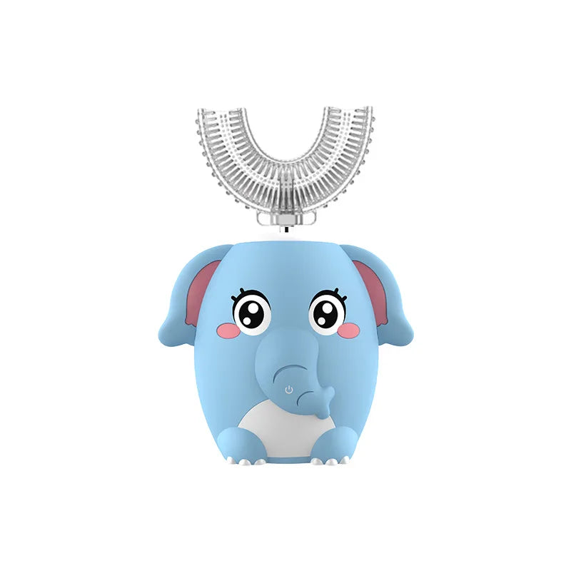 A blue elephant shaped electric toothbrush with a U-shaped head and a timer.