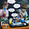 A young girl and boy are engaged in a science experiment using a kit with various chemicals and tools.