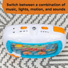 A white ocean-themed crib soother with an orange accent, featuring controls for music, lights, motion, and sounds.