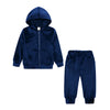 Navy blue kids velvet tracksuit set with a hooded zipper jacket and matching pants