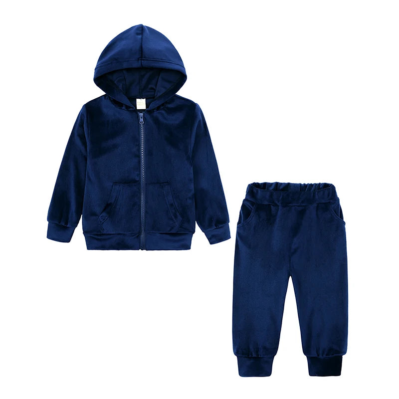 Navy blue kids velvet tracksuit set with a hooded zipper jacket and matching pants