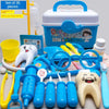 A set of 35 pieces for kids pretend play including a stethoscope, various medical tools, and a white storage box.