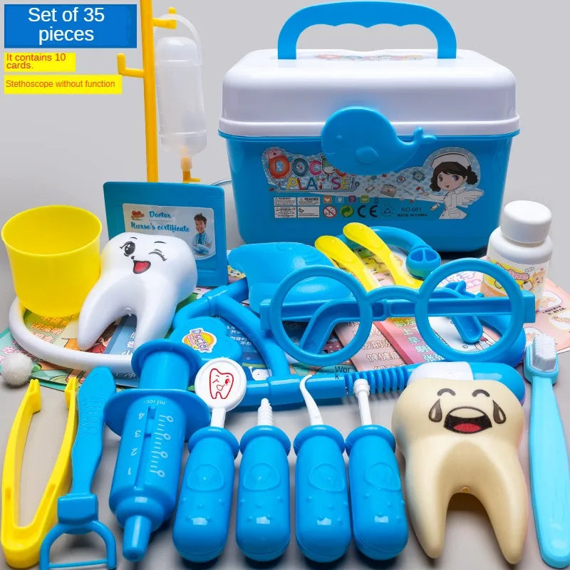 A set of 35 pieces for kids pretend play including a stethoscope, various medical tools, and a white storage box.