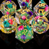 A collection of liquid core polyhedral dice set for Dungeons & Dragons showing various colored and glittered dice.