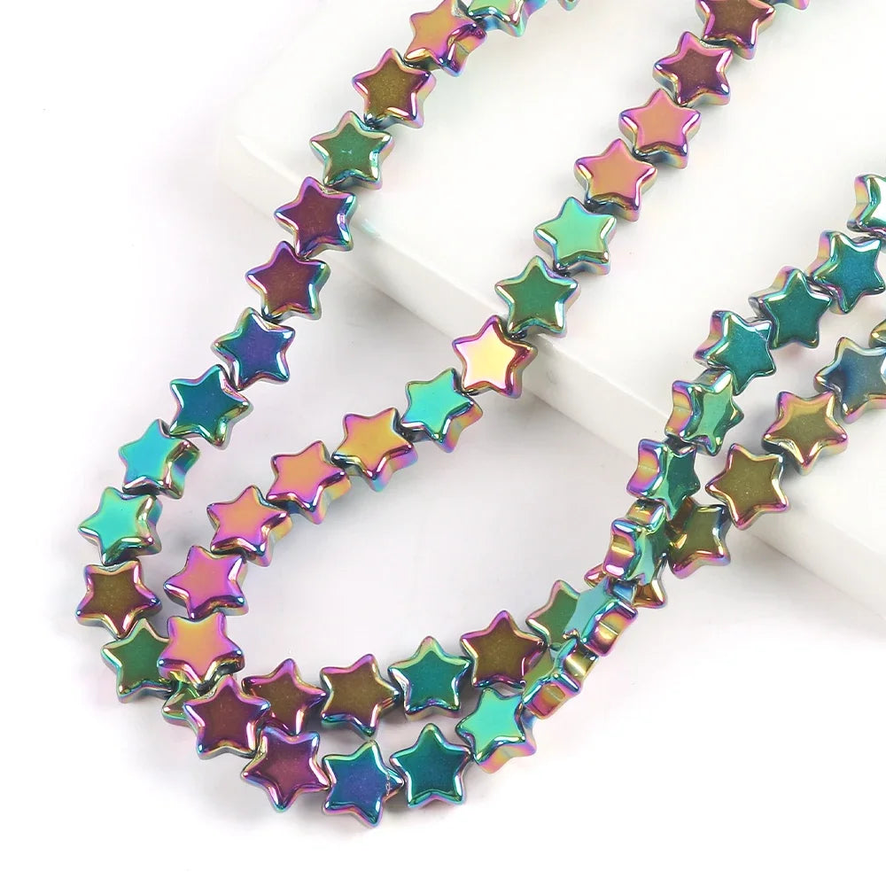 A strand of iridescent, multi-colored glass star spacer beads for jewelry making