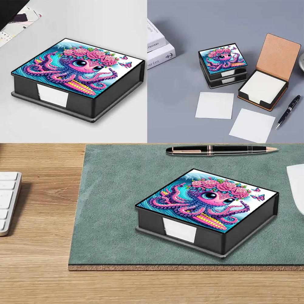 A leather diamond painting kit box featuring a vibrant purple and pink sea creature design, shown in various angles.