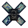 A set of six dark cards featuring mystical imagery and a central deck box for divination