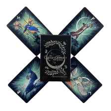 A set of six dark cards featuring mystical imagery and a central deck box for divination