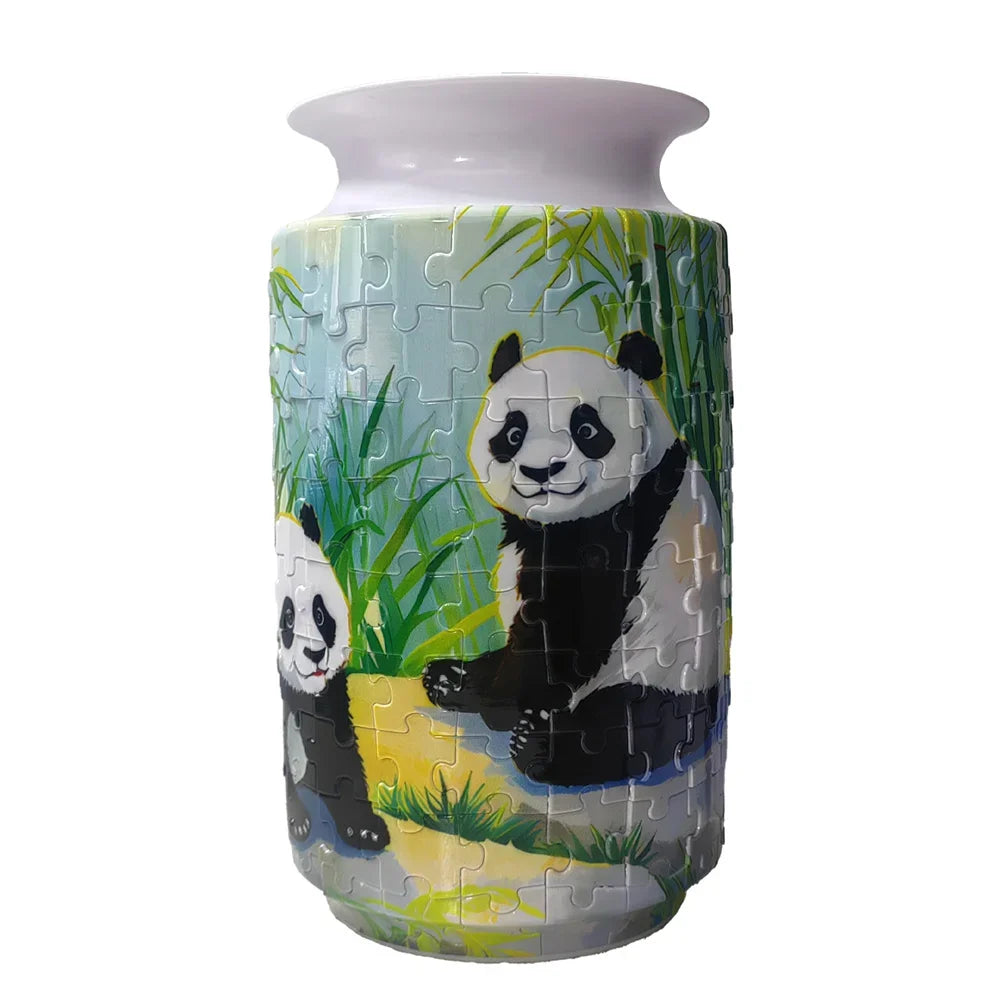 A blue and white porcelain 3D puzzle shaped like a flower vase featuring panda designs.