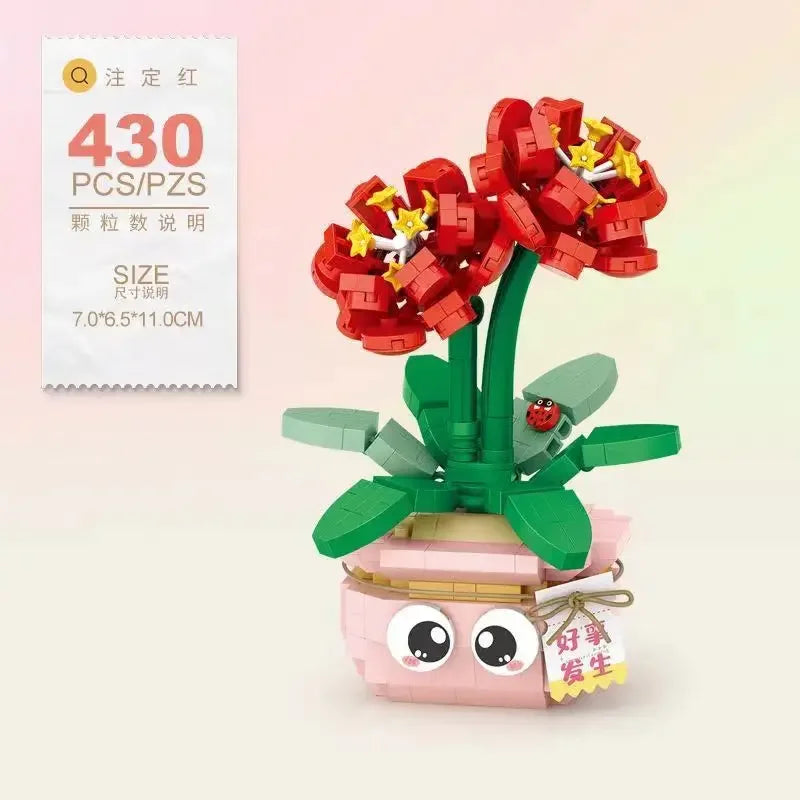 A set of red floral bouquet building blocks featuring yellow accents and a green plant base.