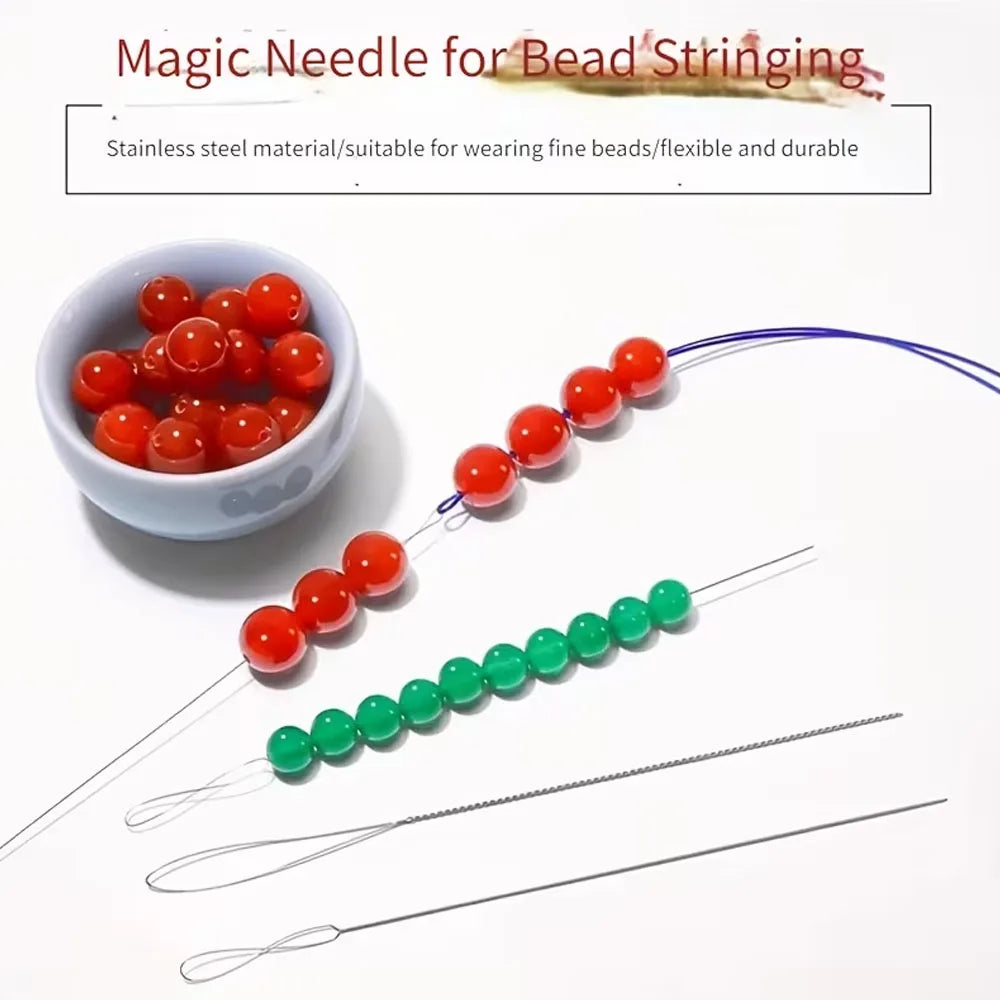 A set of seven stainless steel needles used for threading beads onto stringing material.