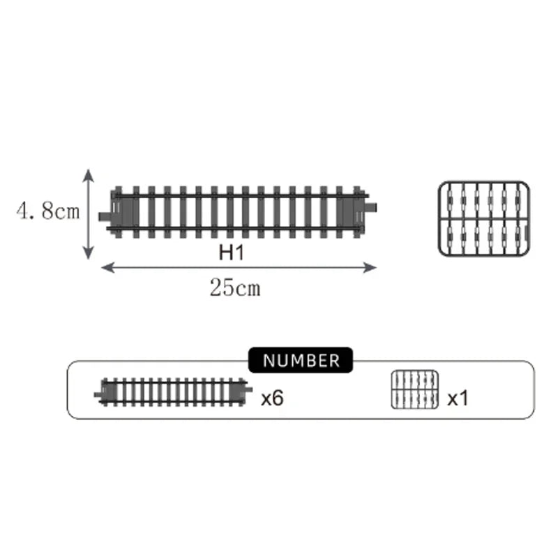 Diagram showing a component labeled H1 with dimensions 4.8cm by 25cm and an assembly of six units and one spare unit.