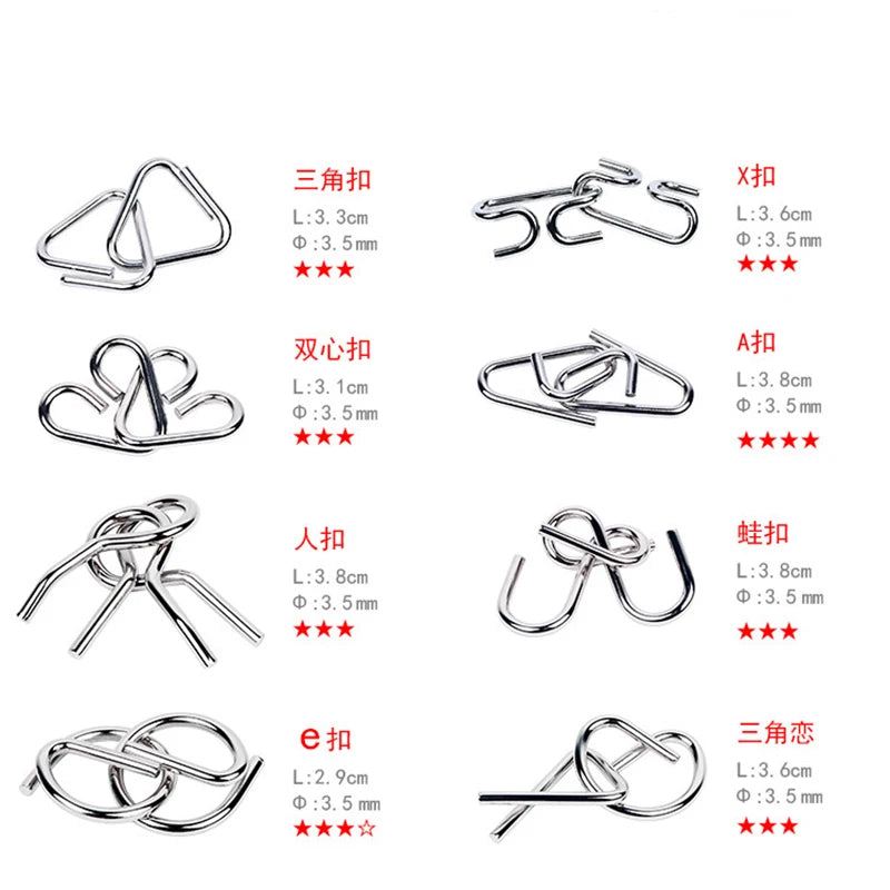 A collection of metal wire puzzle sets featuring various shapes and designs for brain teasers.
