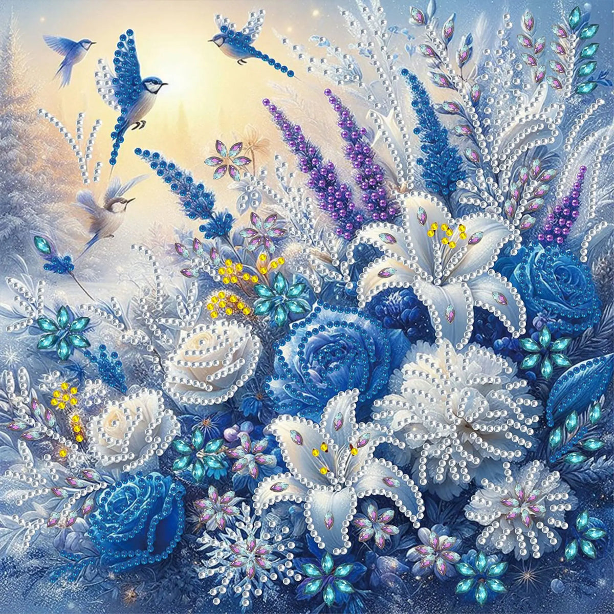 A detailed diamond art image featuring blue and white floral and bird motifs with sparkling accents.