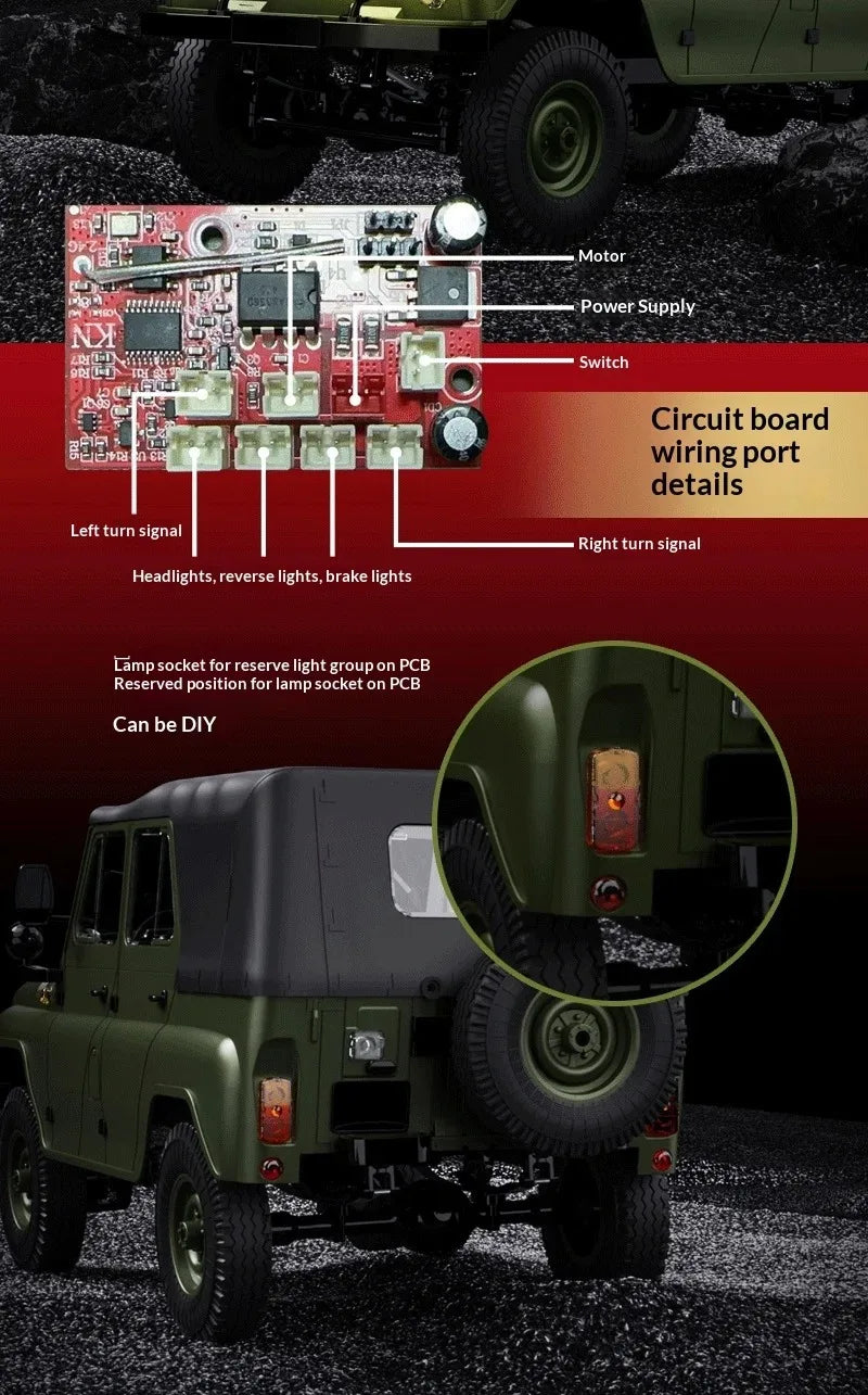 A close-up of an RC rock crawler truck with LED lights showing circuit board wiring details and a lamp socket.
