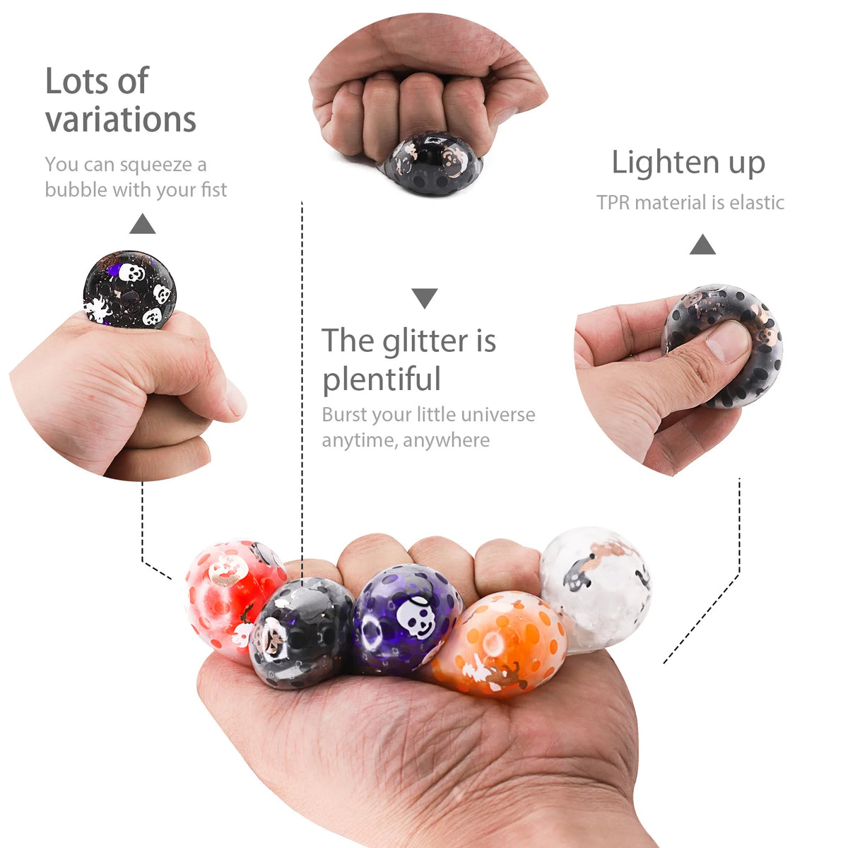 A hand holds several squishy stress balls shaped like Halloween pumpkins and ghosts, showing various colors and glitter effec