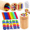 A set of wooden color sorting tools including a pencil, colored rods, and various shaped wooden pieces for toddlers.
