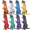 A collection of inflatable T-Rex costumes in various colors including orange, white, blue, yellow, green, purple, and black.
